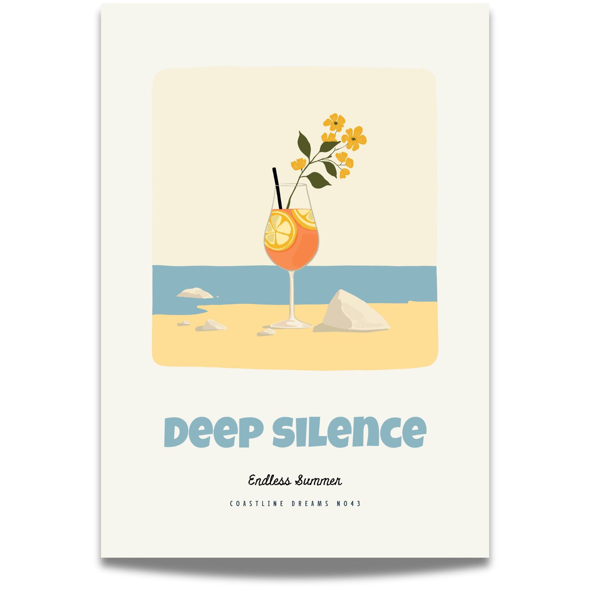 Coastline Dreams No43 – Plakat
Et friskt sommerglass med sitrus og blomster mot en stille kyst. Teksten Deep Silence – Endless Summer gir motivet et poetisk preg.