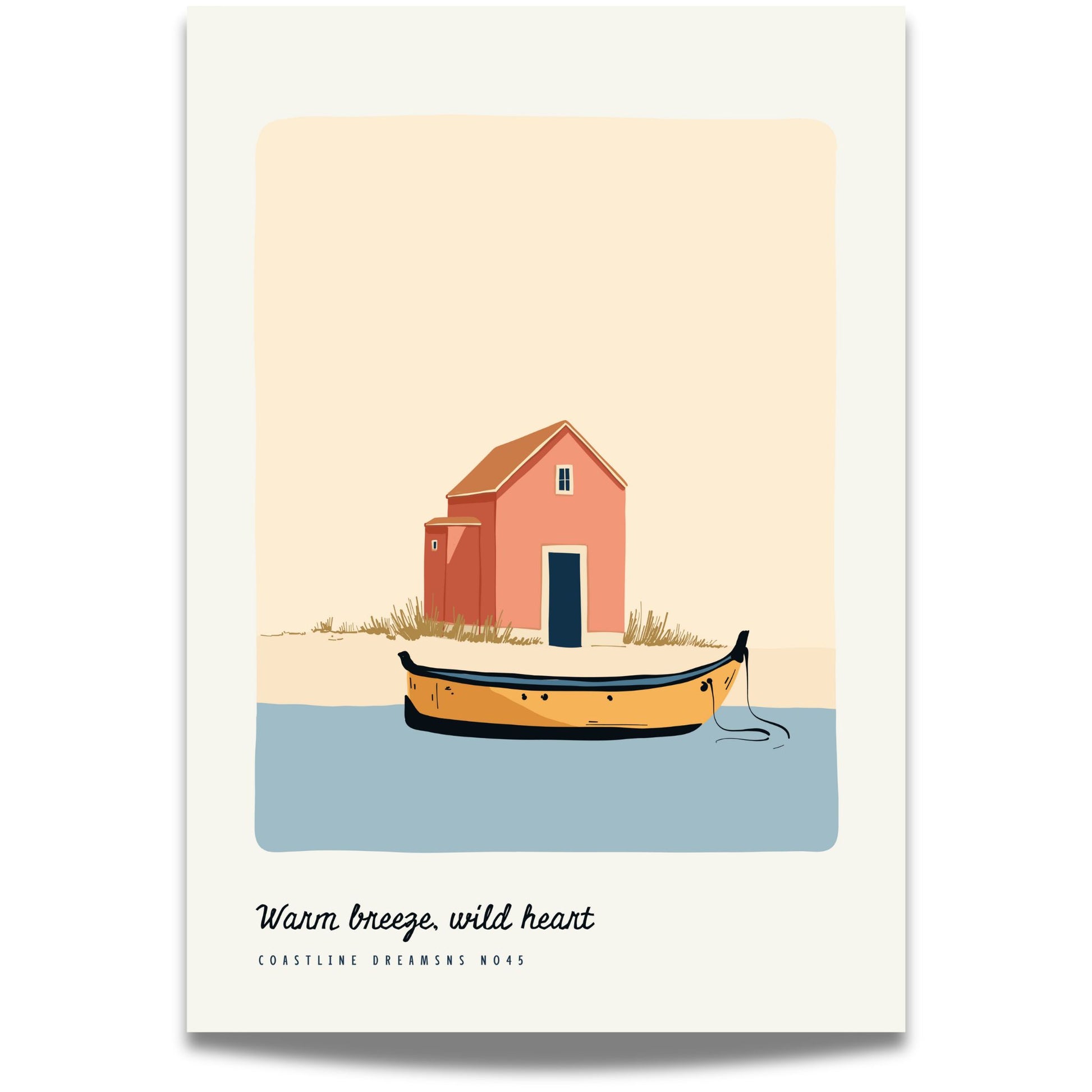 Coastline Dreams No45 – Plakat
En oransje robåt og rødt strandhus danner en harmonisk scene med teksten Warm breeze, wild heart. Et motiv fylt med sommerlig ro og karakter.