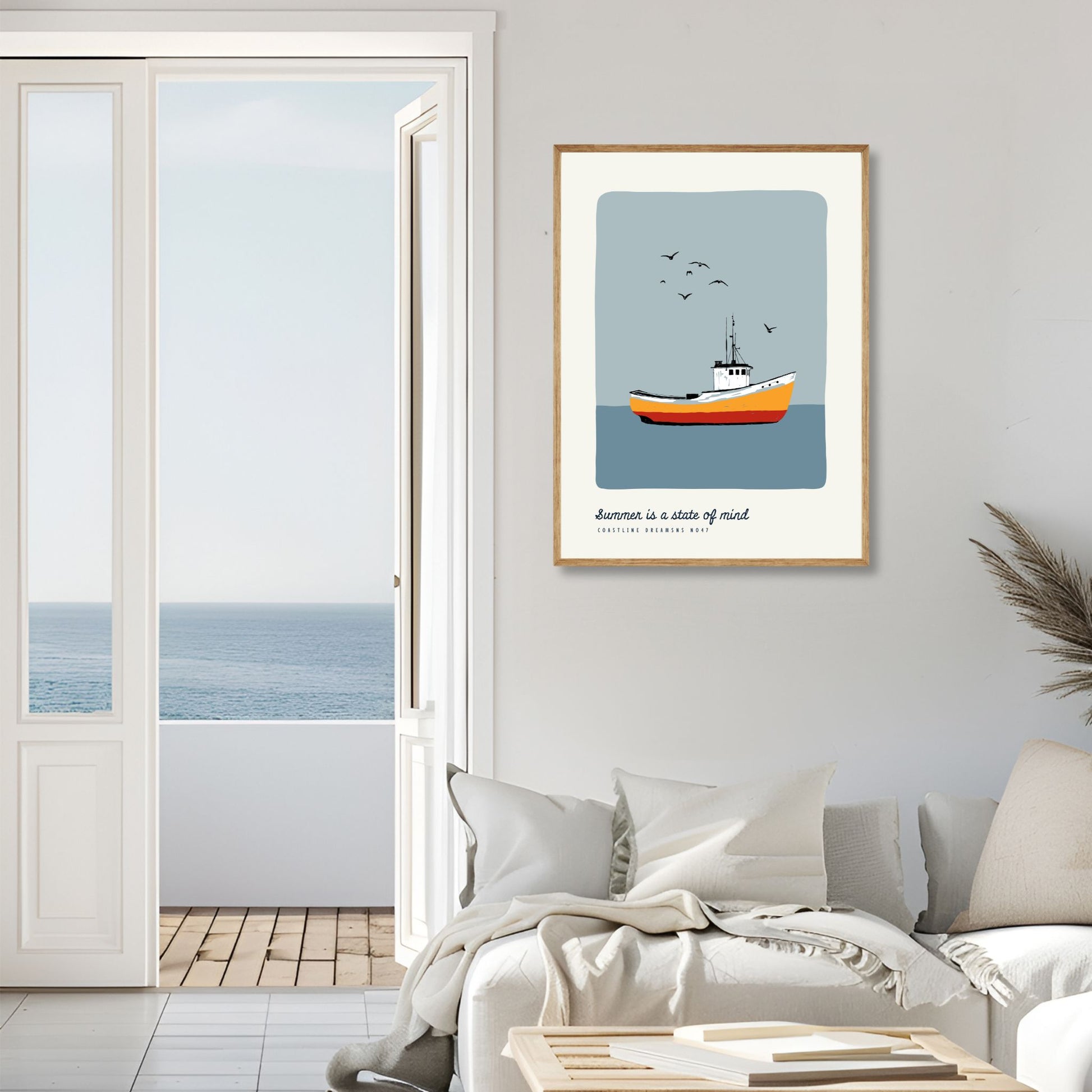 Coastline Dreams No47 – Plakat
En oransje fiskebåt glir over stille vann, omgitt av måker og teksten Summer is a state of mind. Et klassisk maritimt motiv med vintage preg. Illustrasjon viser plakat i eik ramme.