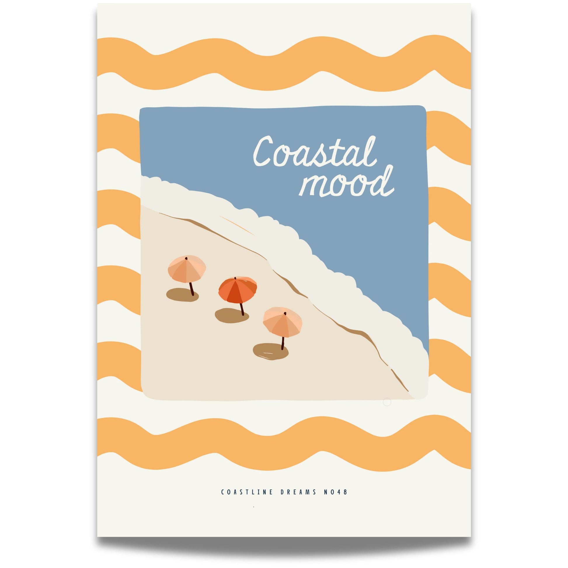 Coastline Dreams No48 – Plakat
Tre parasoller på en bølgende strand med teksten Coastal mood. Grafiske linjer og lyse farger gir plakaten et leken og dekorativt uttrykk.