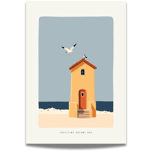 Coastline Dreams No5 – Plakat
Et lite kysthus mot havet og himmelen. Måker i bevegelse gir plakaten liv og sommerlig bevegelse.