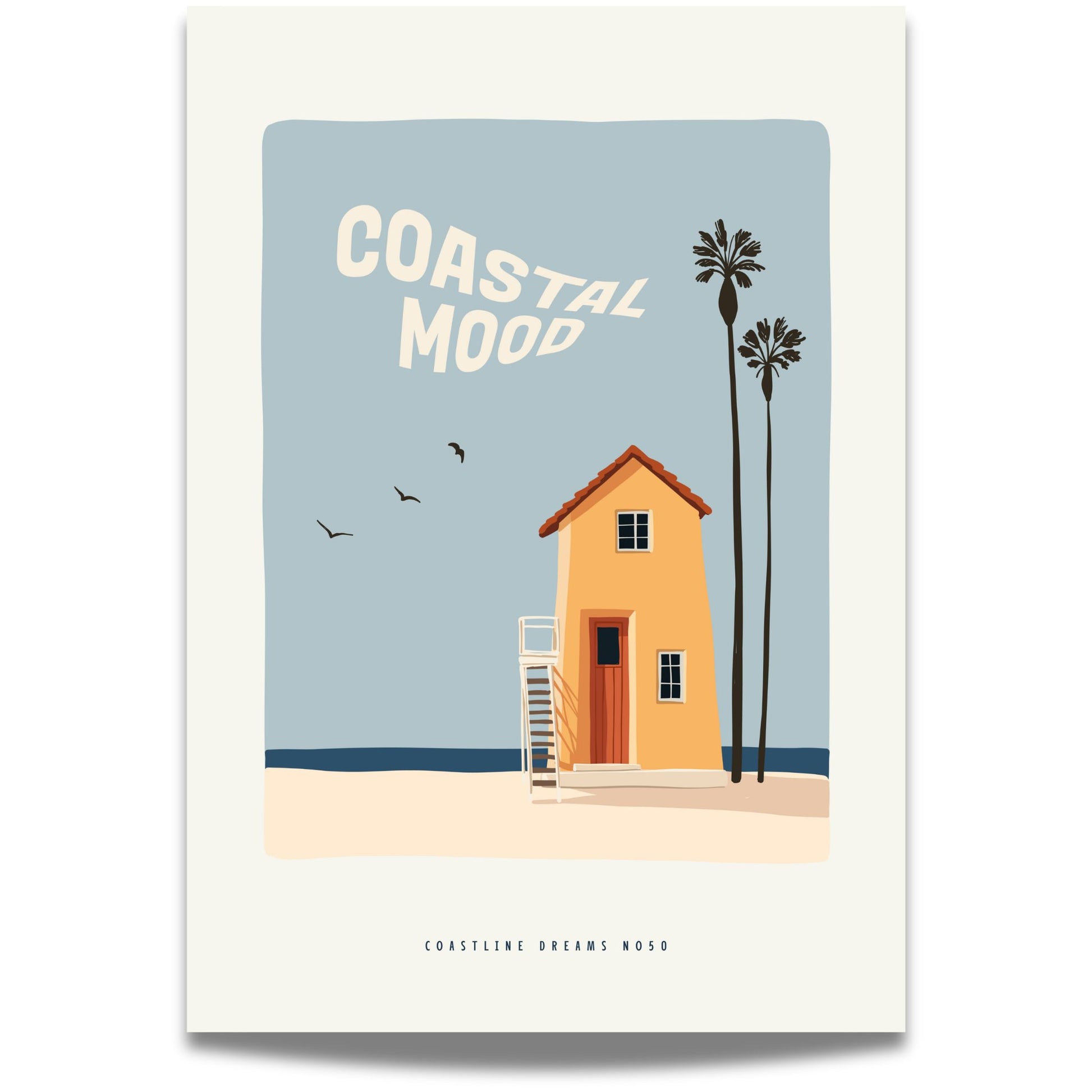 Coastline Dreams No50 – Plakat
Et høyt, gult hus ved stranden flankert av palmer og teksten Coastal Mood. Et varmt og nostalgisk motiv fra et sommerparadis.
