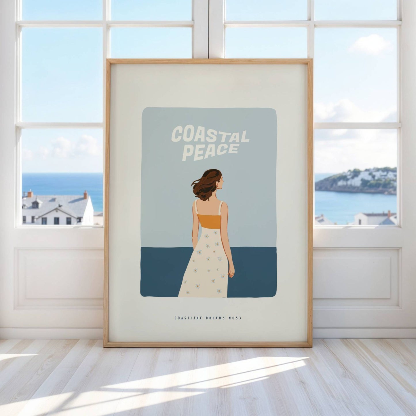 Coastline Dreams No53 – Plakat
Et glass iskald sitrusdrikk pyntet med blomster står på stranden. Teksten Ocean Within – Endless Summer avslutter serien med smakfull og glad stemning. Illustrasjon viser plakat i eik ramme.