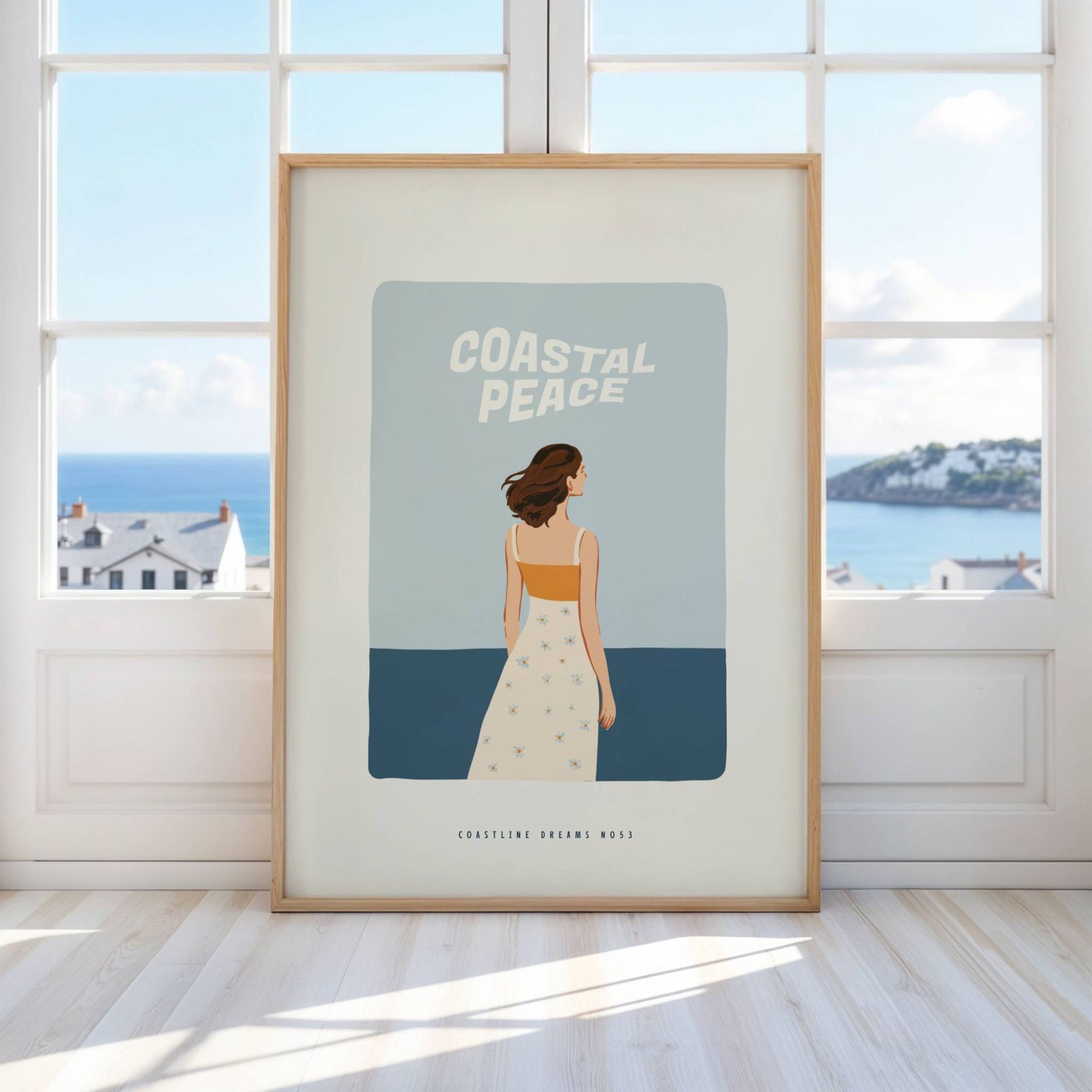 Coastline Dreams No53 – Plakat
Et glass iskald sitrusdrikk pyntet med blomster står på stranden. Teksten Ocean Within – Endless Summer avslutter serien med smakfull og glad stemning. Illustrasjon viser plakat i eik ramme.