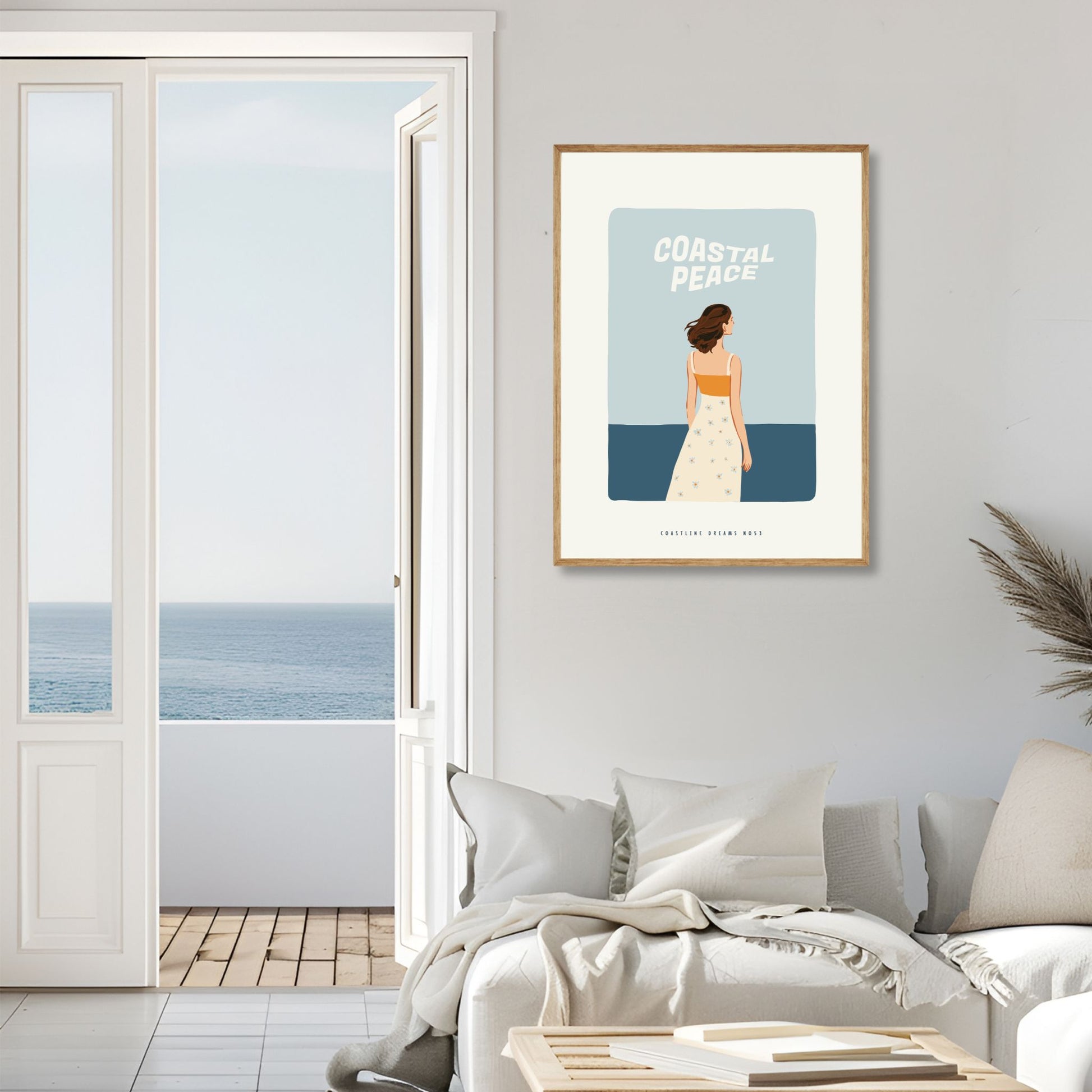 Coastline Dreams No53 – Plakat
Et glass iskald sitrusdrikk pyntet med blomster står på stranden. Teksten Ocean Within – Endless Summer avslutter serien med smakfull og glad stemning. Illustrasjon viser plakat i eik ramme.