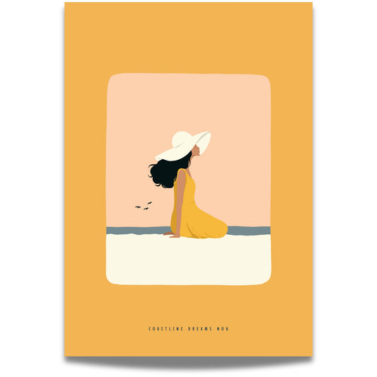 Coastline Dreams No6 – Plakat
En kvinne i gul sommerkjole og solhatt sitter i sanden med blikket mot havet. Myke nyanser av fersken og solgult gir et varmt og fredelig uttrykk.