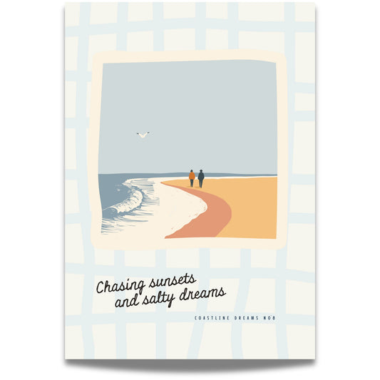 Coastline Dreams No8 – Plakat
To personer går hånd i hånd langs en bølgende kystlinje. Et romantisk og avslappet strandmotiv med retro-følelse og tekst.