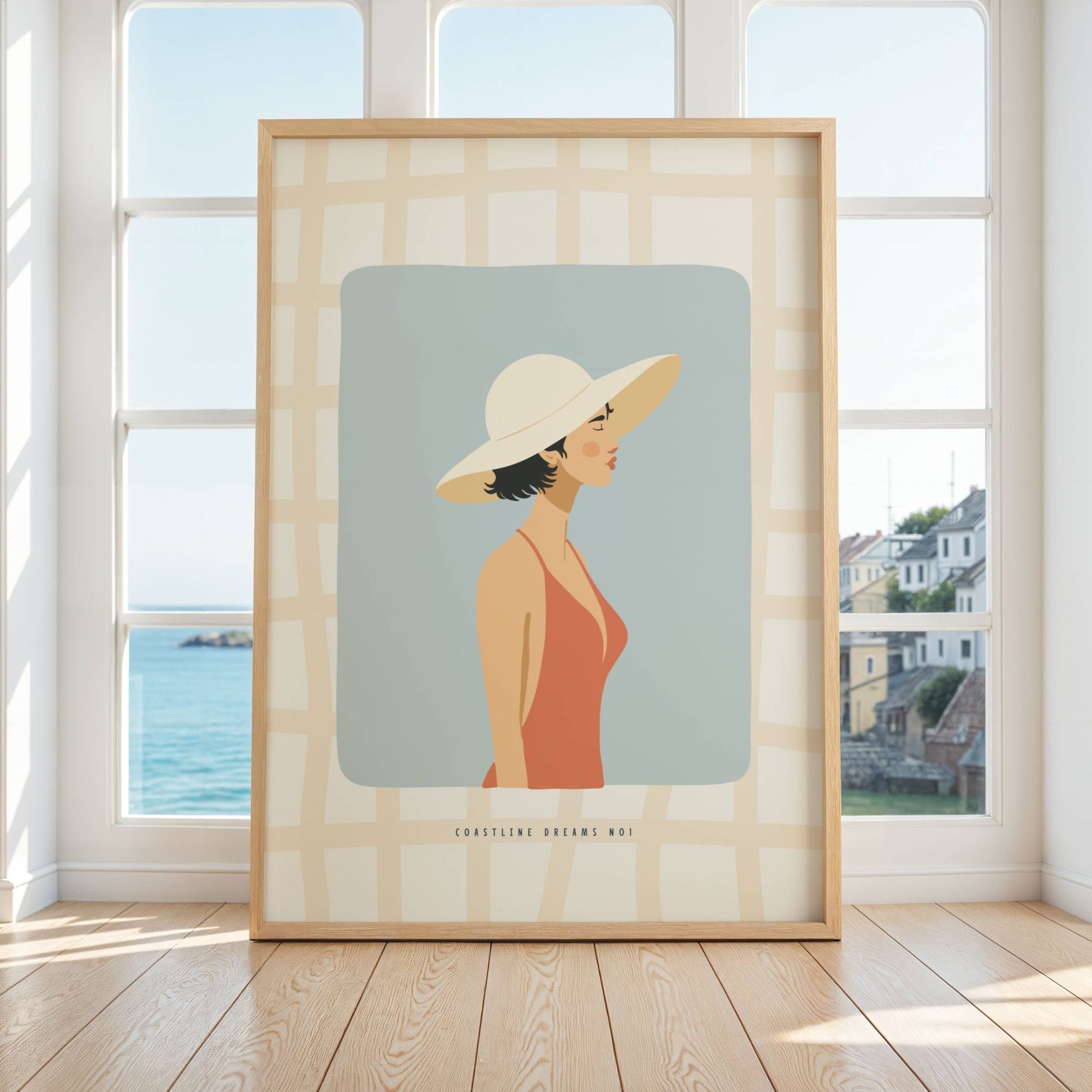 Elegant kvinne med solhatt i profil, mot blå bakgrunn og rutet ramme. En rolig og solrik stemning i retro fargepalett. Illustrasjon viser plakat i eik ramme.