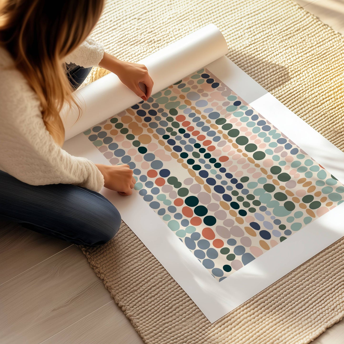Color Flow - det unike designet består av organiske sirkler i varierte størrelser og harmoniske nyanser av grønn, blå, beige og terrakotta. Illustrasjon viser plakat på print.