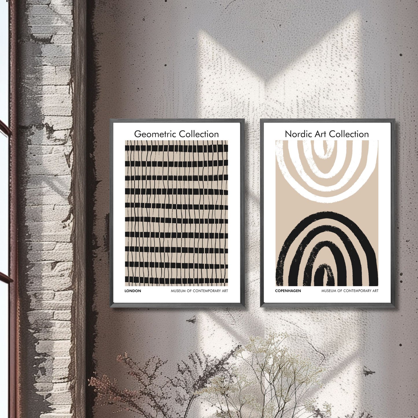 Denne grafiske plakaten i sort, hvitt og beige - gir en subtil, og sterk visuell appell som vil komplementere en rekke innredningsstiler. Illustrasjonsfoto viser plakat No8 og No9 i sort ramme.