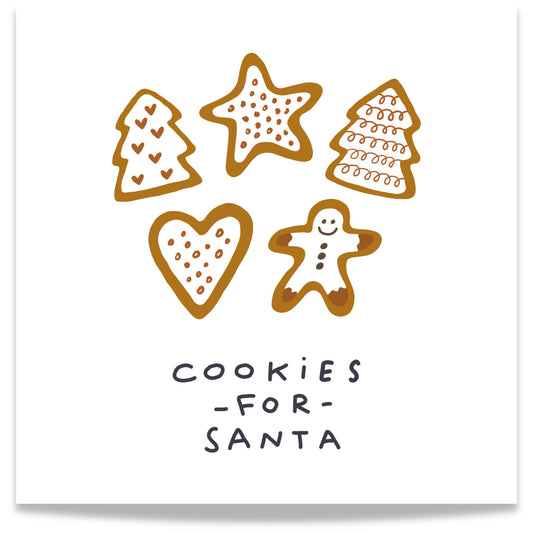 Et nostalgisk motiv med teksten Cookies for Santa og søte pepperkaker i ulike former.