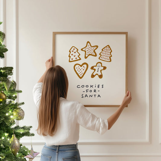 Et nostalgisk motiv med teksten Cookies for Santa og søte pepperkaker i ulike former.Illustrasjon viser plakat i eik ramme.