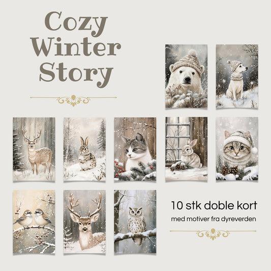 Cozy Winter Story – julekortkolleksjon fra dyreverden. 10 stk. doble kort inkl. konvolutt