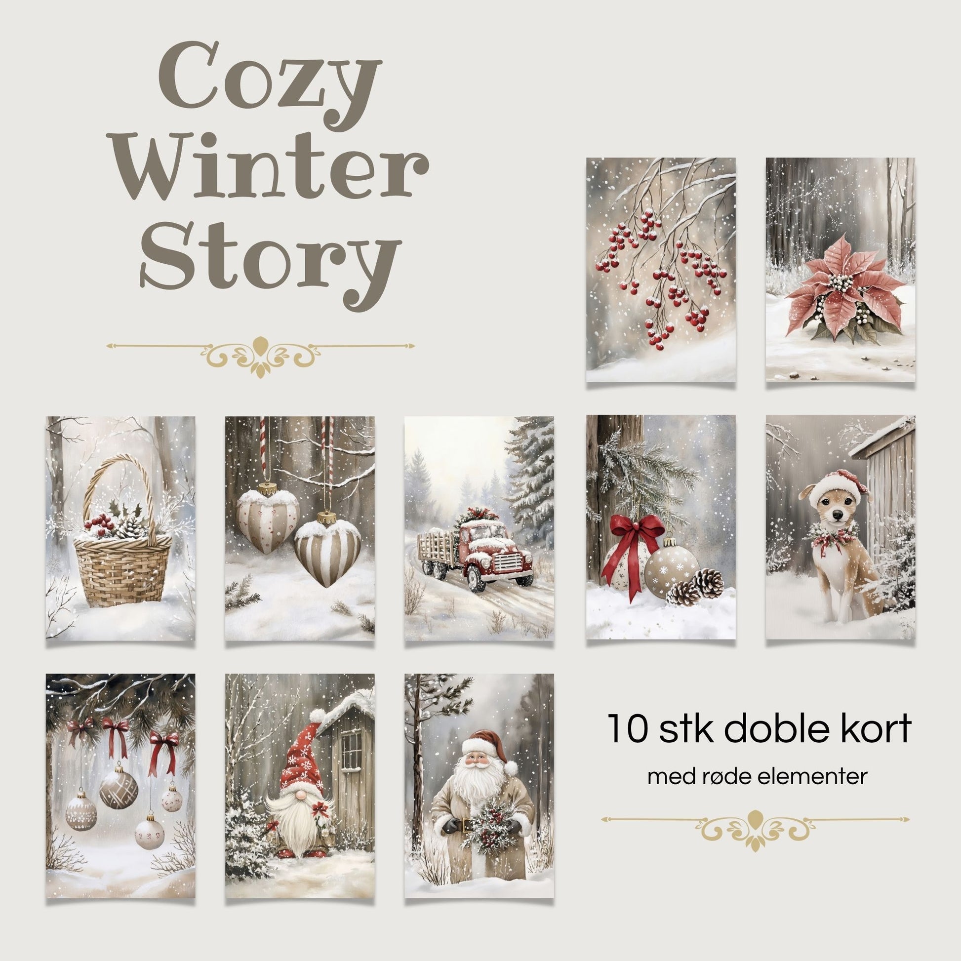 Cozy Winter Story – julekortkolleksjon med røde elementer. 10 stk. doble kort inkl. konvolutt