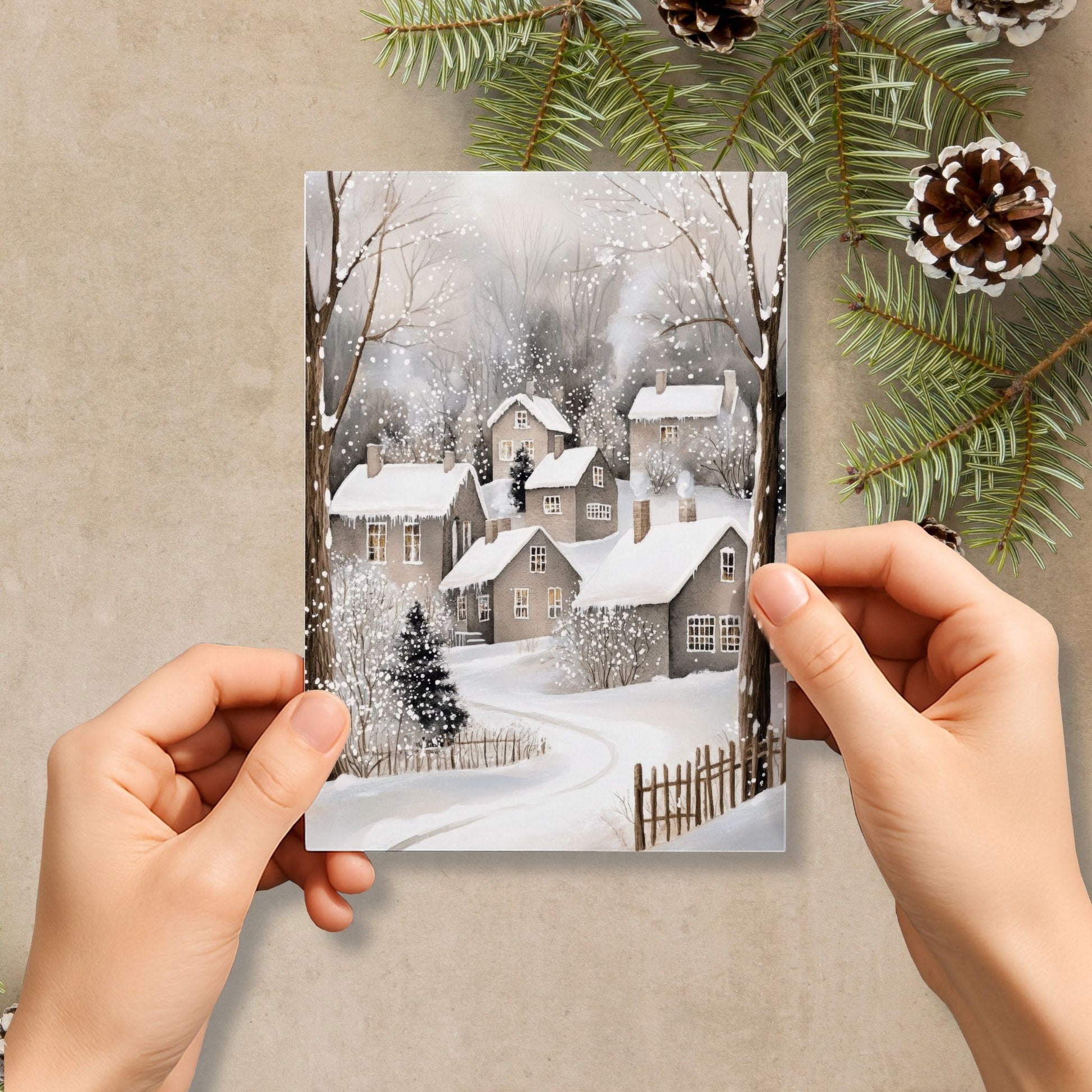 Julekort med snødekt landsby og varme vinduer – Cozy Winter Story Collection. 10 stk. doble kort med personlig hilsen.