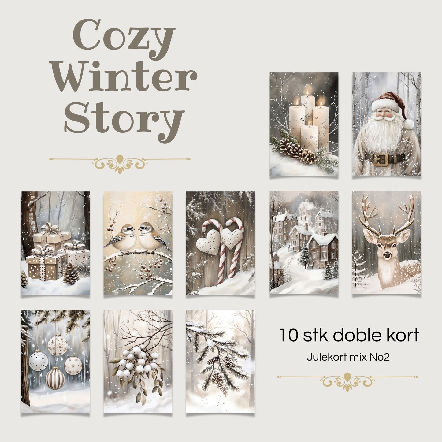Cozy Winter Story – julekortkolleksjon mix No2. 10 stk. doble kort inkl. konvolutt. Mewd personlig hilsen.