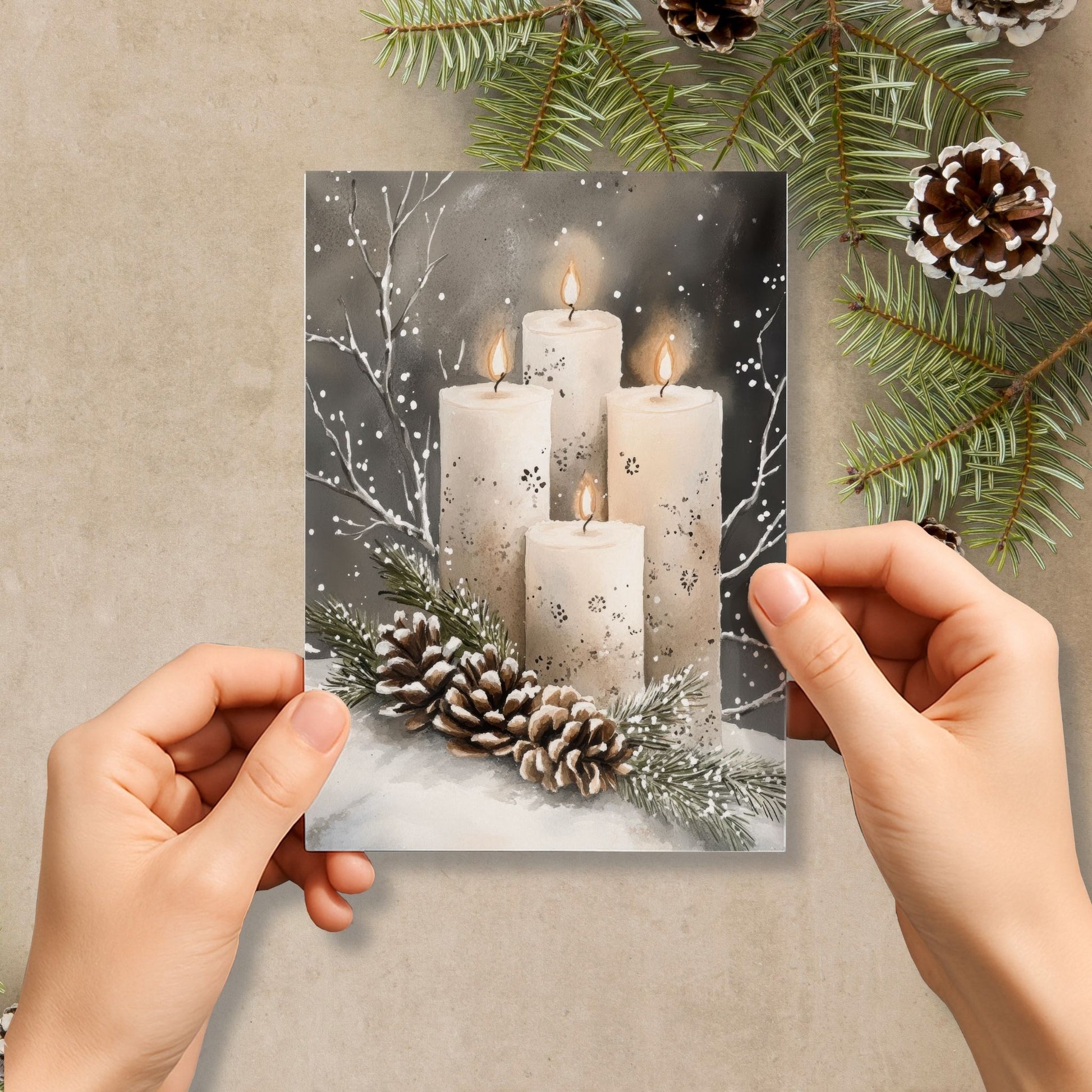 Julekort med tente lys, kongler og granbar – Cozy Winter Story Collection. Med personlig hilsen.