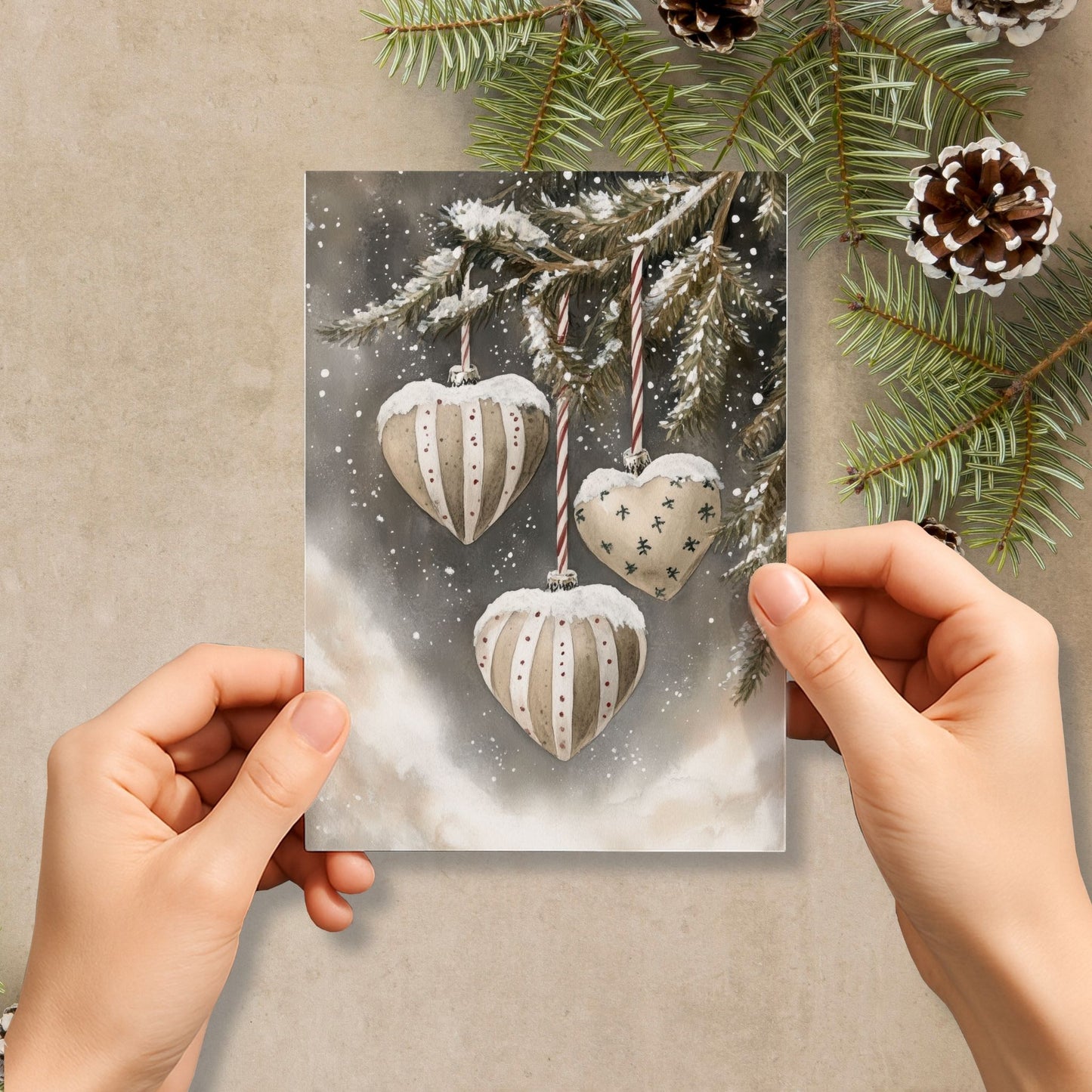 Julekort med hengende hjerter og kuler i snø – Cozy Winter Story Collection. Doble kort, valgfritt med personlig hilsen.