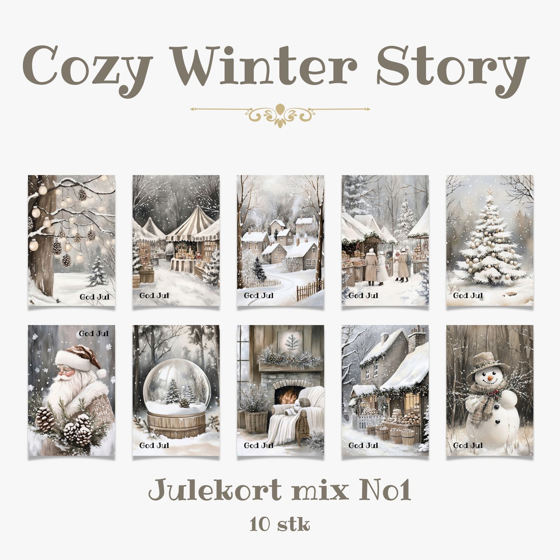 Cozy Winter Story – julekortkolleksjon mix No1. 10 stk. kort inkl. konvolutt