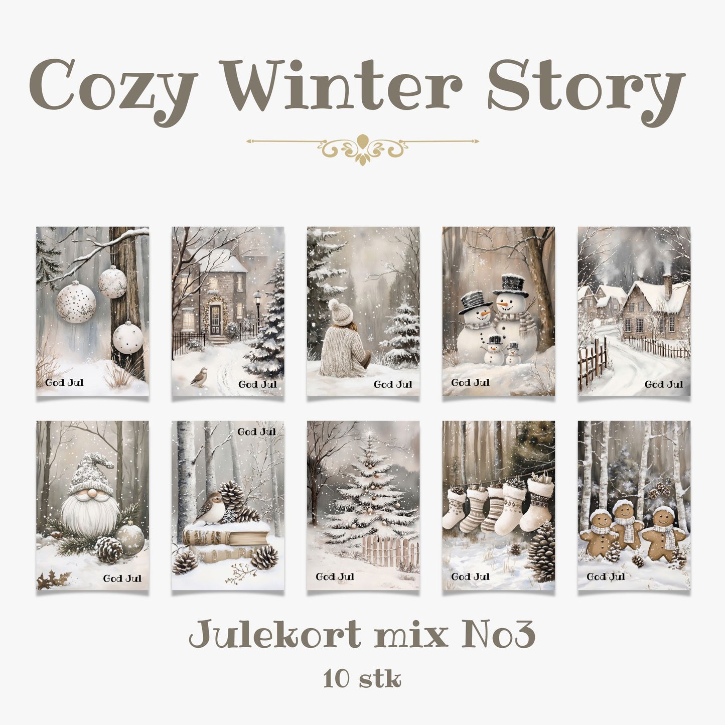 Cozy Winter Story – julekortkolleksjon mix No3. 10 stk. kort inkl. konvolutt