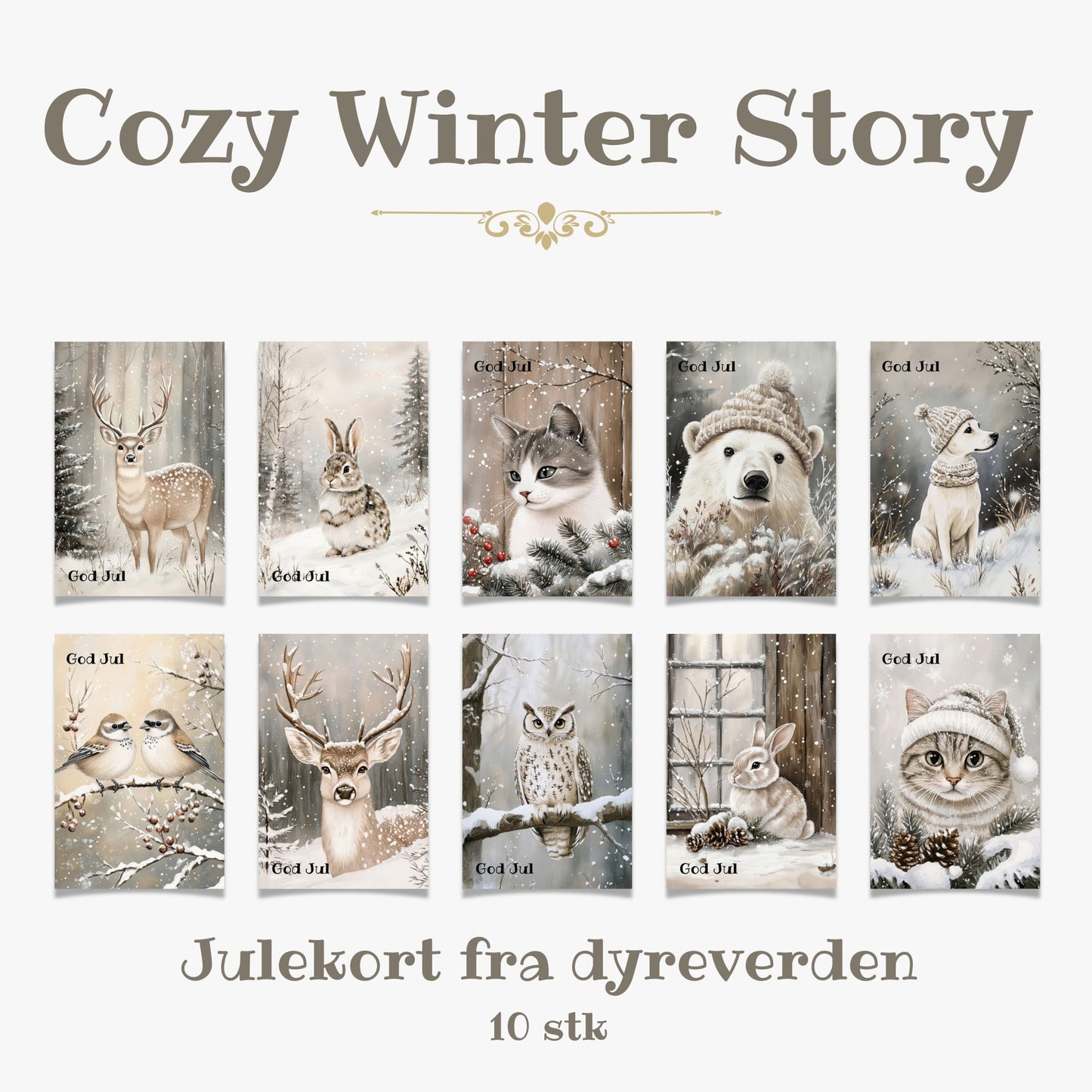 Cozy Winter Story – julekortkolleksjon fra dyreverden. 10 stk. kort inkl. konvolutt
