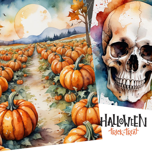 Halloweenkort laget i akvarellstil med en magisk balanse mellom det skumle og det vakre, inspirert av høstens mørke fargetoner og ikoniske Halloween-symboler.