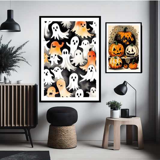 Gi hjemmet ditt et leken og festlig preg denne Halloween med Friendly Ghost Parade, en Halloween-plakat fylt med sjarmerende spøkelser i en rekke uttrykk og farger. Illustrasjonsfoto viser plakat i sort ramme.