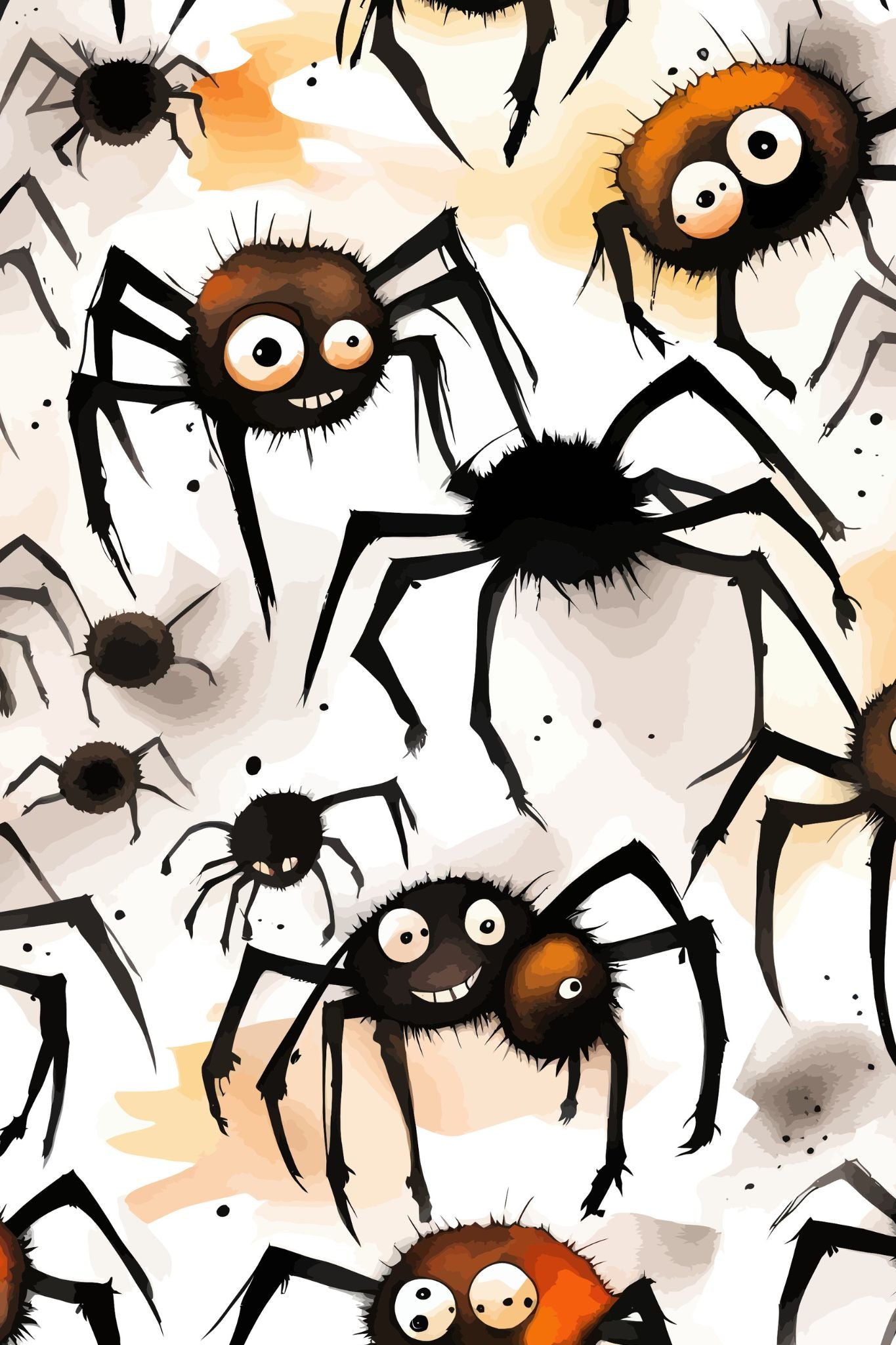 Creepy og kult halloweenkort. Motiv er i cartoon og forestiller edderkopper
