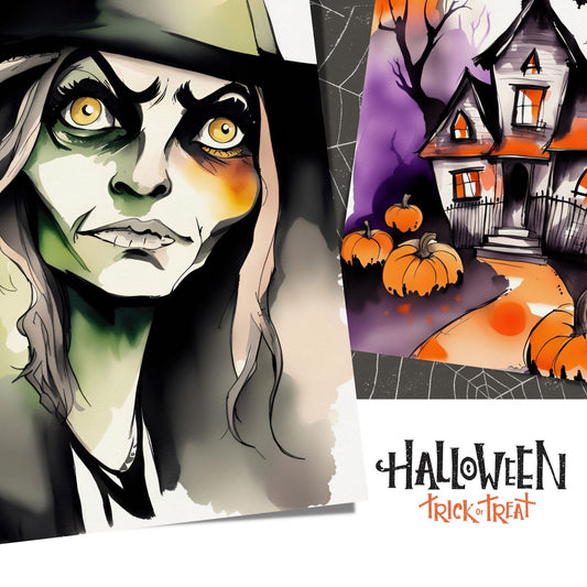 Creepy og kult halloweenkort. Motiv er i cartoon og forestiller en heks