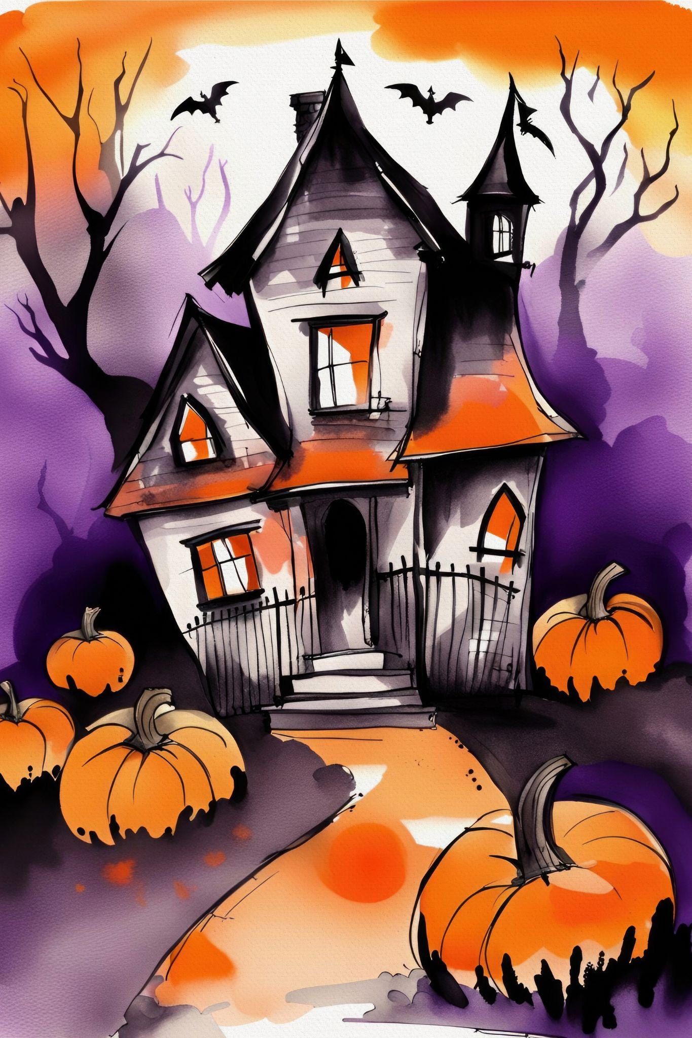 Creepy og kult halloweenkort. Motiv er i cartoon og forestiller et spøkelseshus