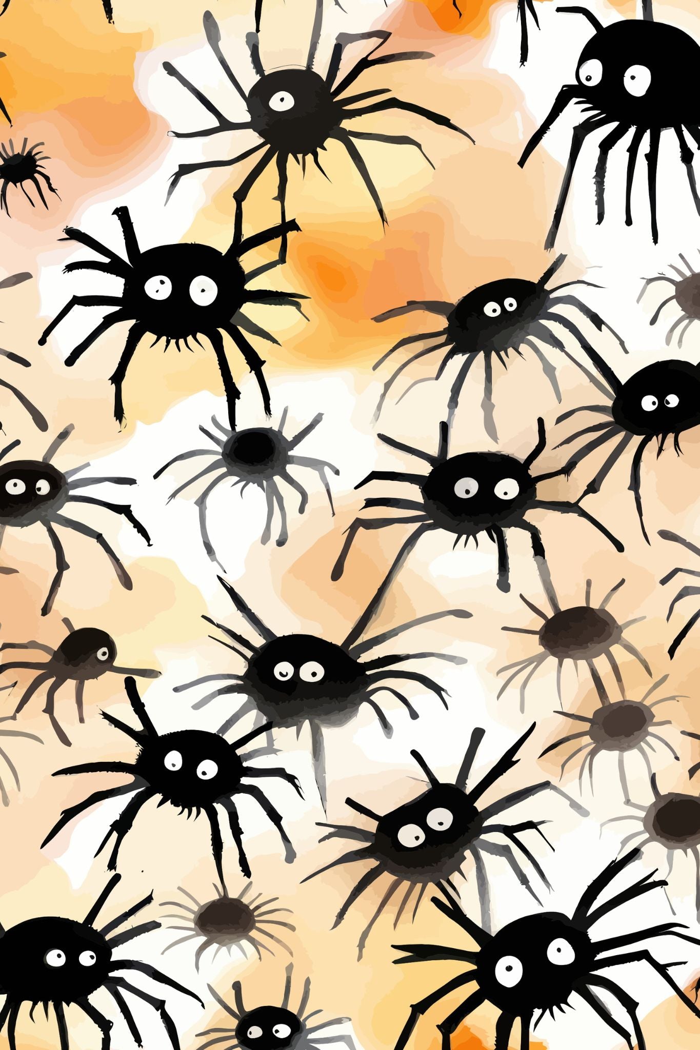Creepy og kult halloweenkort. Motiv er i cartoon og forestiller mange edderkopper