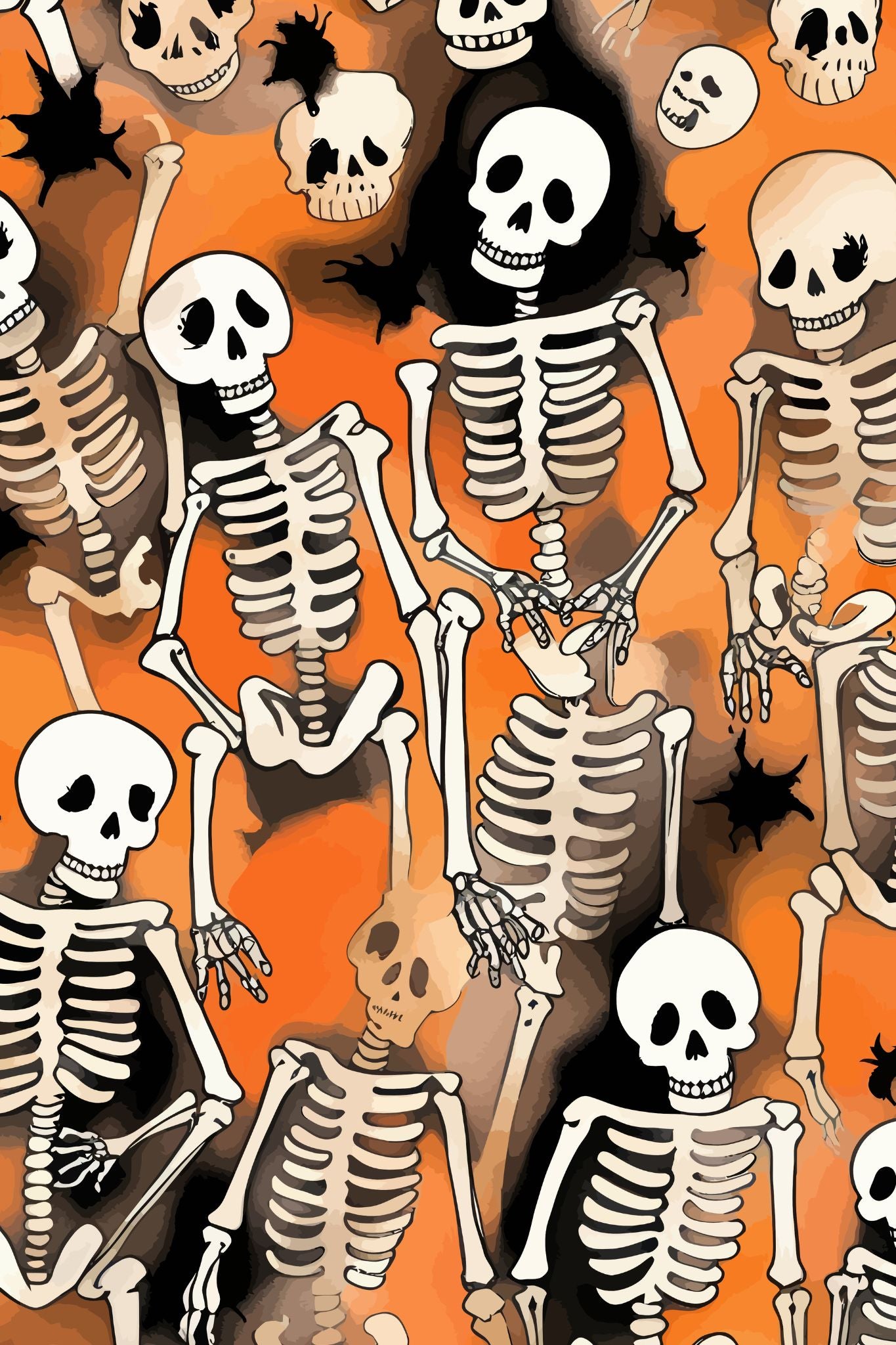 Creepy og kult halloweenkort. Motiv er i cartoon og forestiller skjeletter