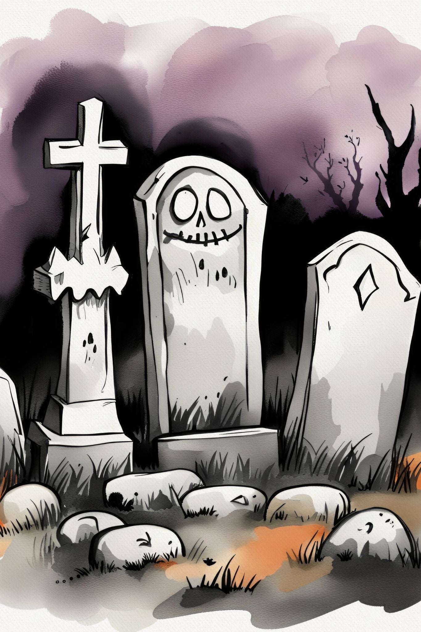 Creepy og kult halloweenkort. Motiv er i cartoon og forestiller en kirkegård
