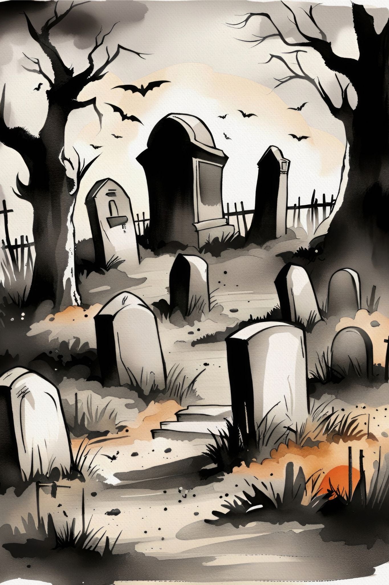 Creepy og kult halloweenkort. Motiv er i cartoon og forestiller en kirkegård