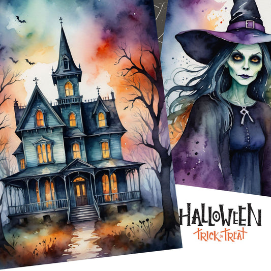Halloweenkort laget i akvarellstil med en magisk balanse mellom det skumle og det vakre, inspirert av høstens mørke fargetoner og ikoniske Halloween-symboler.