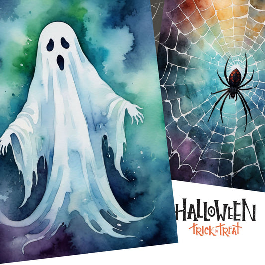 Halloweenkort laget i akvarellstil med en magisk balanse mellom det skumle og det vakre, inspirert av høstens mørke fargetoner og ikoniske Halloween-symboler.