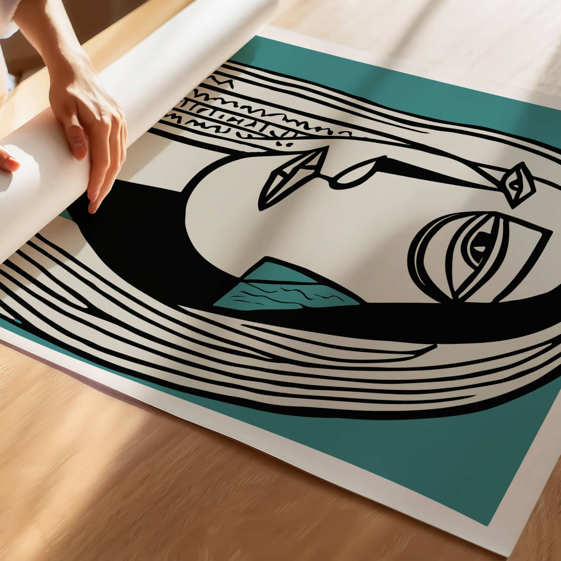 Cubism Head – grafisk plakat er et moderne kunsttrykk inspirert av kubismens stiliserte formspråk. Illustrasjon viser plakat på print.