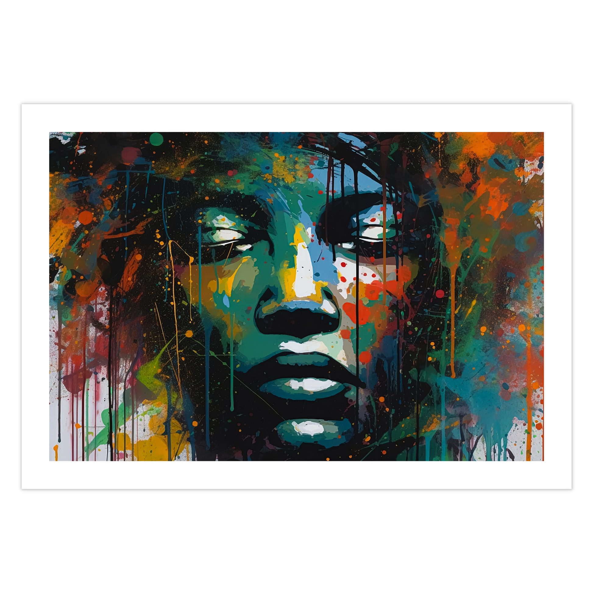 Abstrakt, grafisk malt motiv av en dame med lukkede øyne. Multifarget. Plakatmotiv med 5 cm. hvit kant.