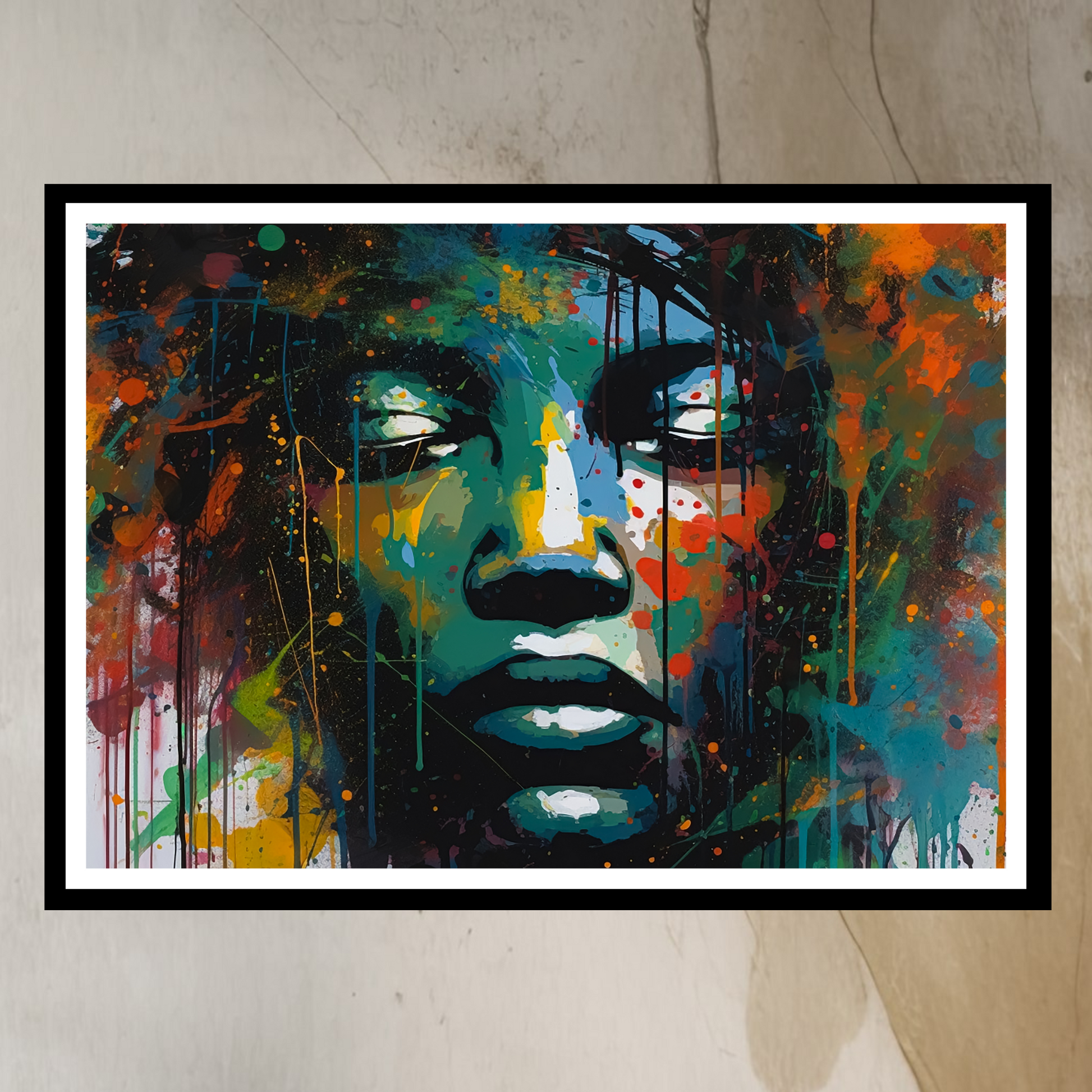 Abstrakt, grafisk malt motiv av en dame med lukkede øyne. Multifarget. Plakatmotiv i sort ramme..