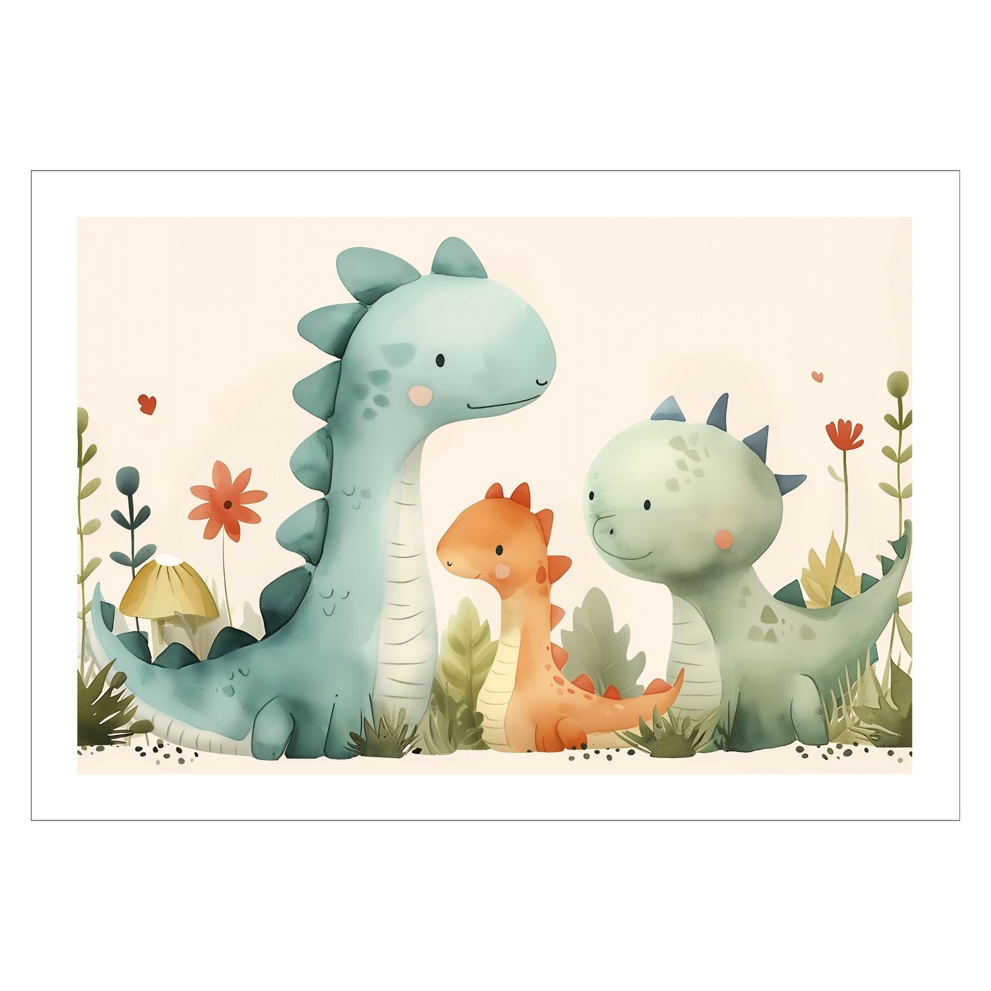 Til barnerommet. Dinosaurvenner - tre søte små dinosaurer. Plakat og lerret.