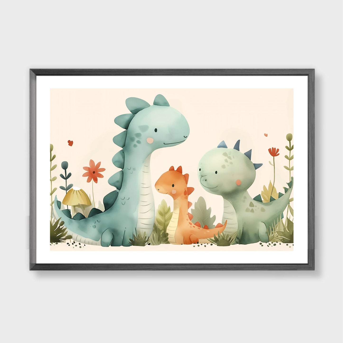 Til barnerommet. Dinosaurvenner - tre søte små dinosaurer. Illustrasjonsbilde viser plakat i grå ramme.