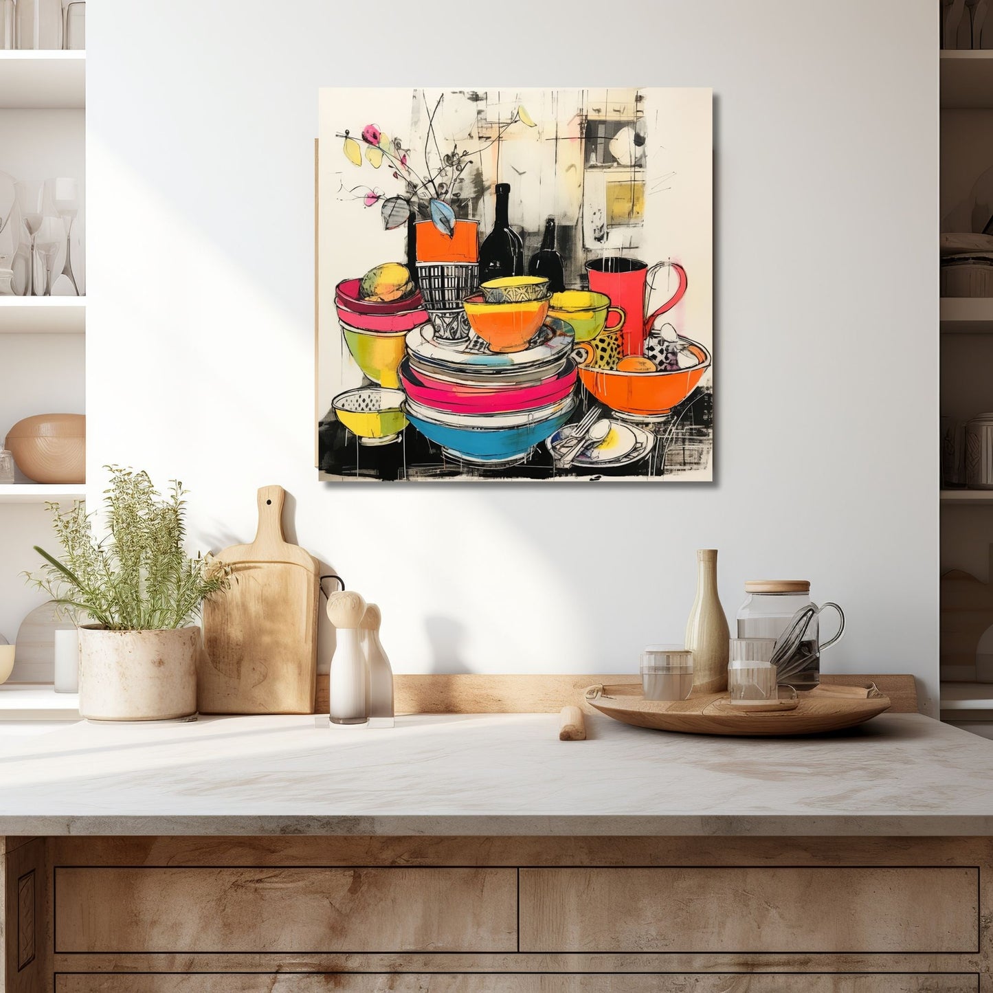 Drawn Kitchen Art plakat og lerret viser et herlig borddekor med skåler og tallerkener i en levende og fargerik stil. Illustrasjonen viser motivet på lerret som henger over en kjøkkenbenk.