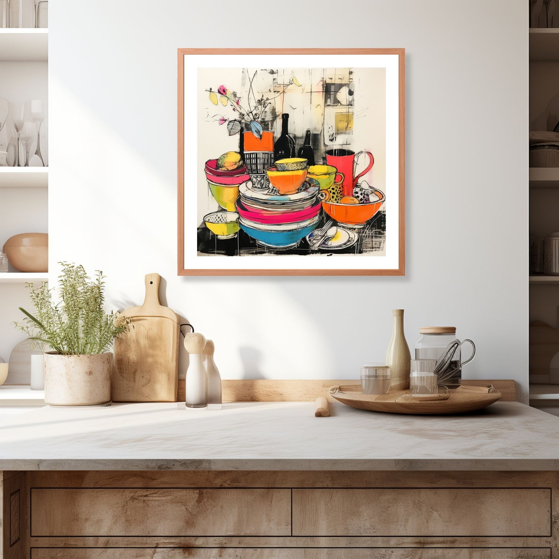 Drawn Kitchen Art plakat og lerret viser et herlig borddekor med skåler og tallerkener i en levende og fargerik stil. Illustrasjonen viser motivet som plakat i en ramme som henger over en kjøkkenbenk.