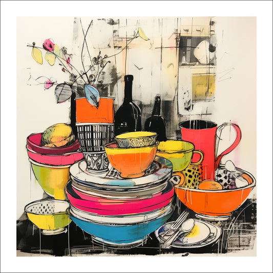 Drawn Kitchen Art plakat og lerret viser et herlig borddekor med skåler og tallerkener i en levende og fargerik stil.