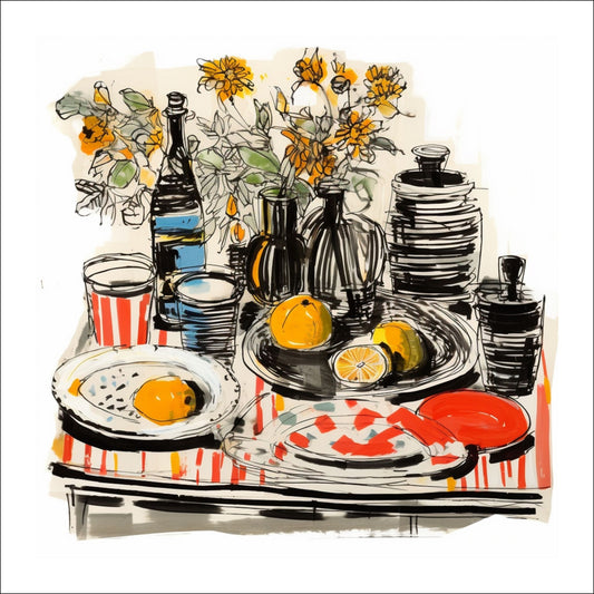 Grafisk illustrasjon av et fargerikt motiv som viser et bord dekket med skåler, fat og kopper, bringer denne plakaten og lerretet en følelse av varme og hjemlighet til rommet ditt.