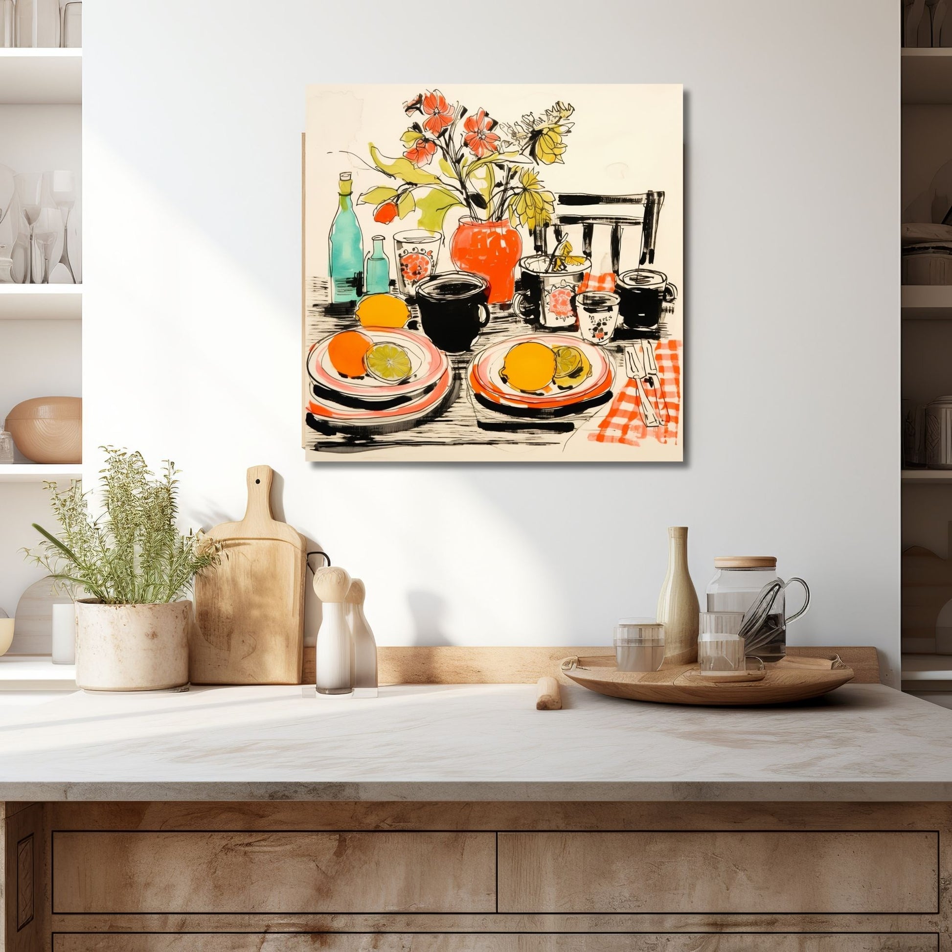 Et livlig og fargerikt håndtegnet grafisk motiv som viser et bord med tallerken, frukt og en vakker vase med blomster. Illustrasjonen viser motivet på lerret som henger over en kjøkkenbenk.