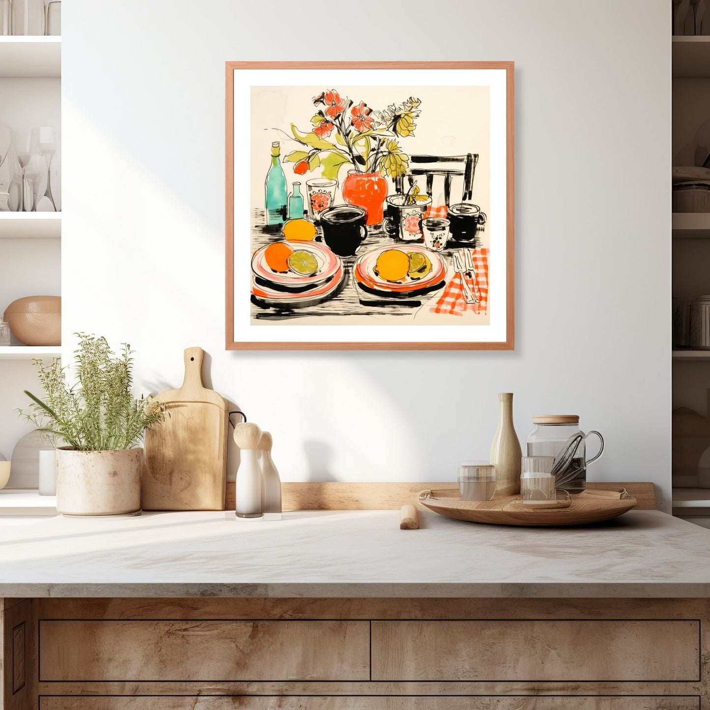 Et livlig og fargerikt håndtegnet grafisk motiv som viser et bord med tallerken, frukt og en vakker vase med blomster. Illustrasjonen viser motivet som plakat i ramme som henger over en kjøkkenbenk.
