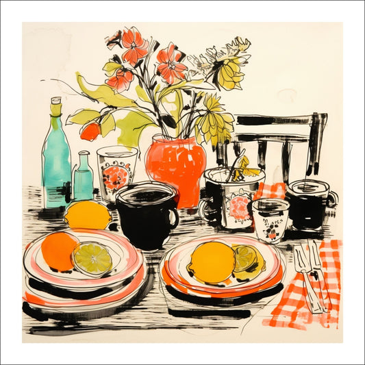 Et livlig og fargerikt håndtegnet grafisk motiv som viser et bord med tallerken, frukt og en vakker vase med blomster.