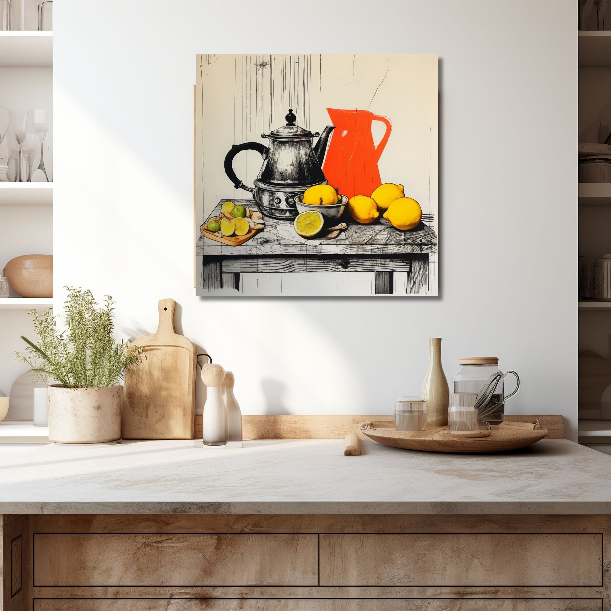 Et fargerikt håndtegnet grafisk motiv som viser et bord dekket med tekanner og friske sitroner, bringer denne plakaten og lerretet en følelse av friskhet og livlighet til rommet. Illustrasjonen viser motivet på lerret som henger over en kjøkkenbenk.