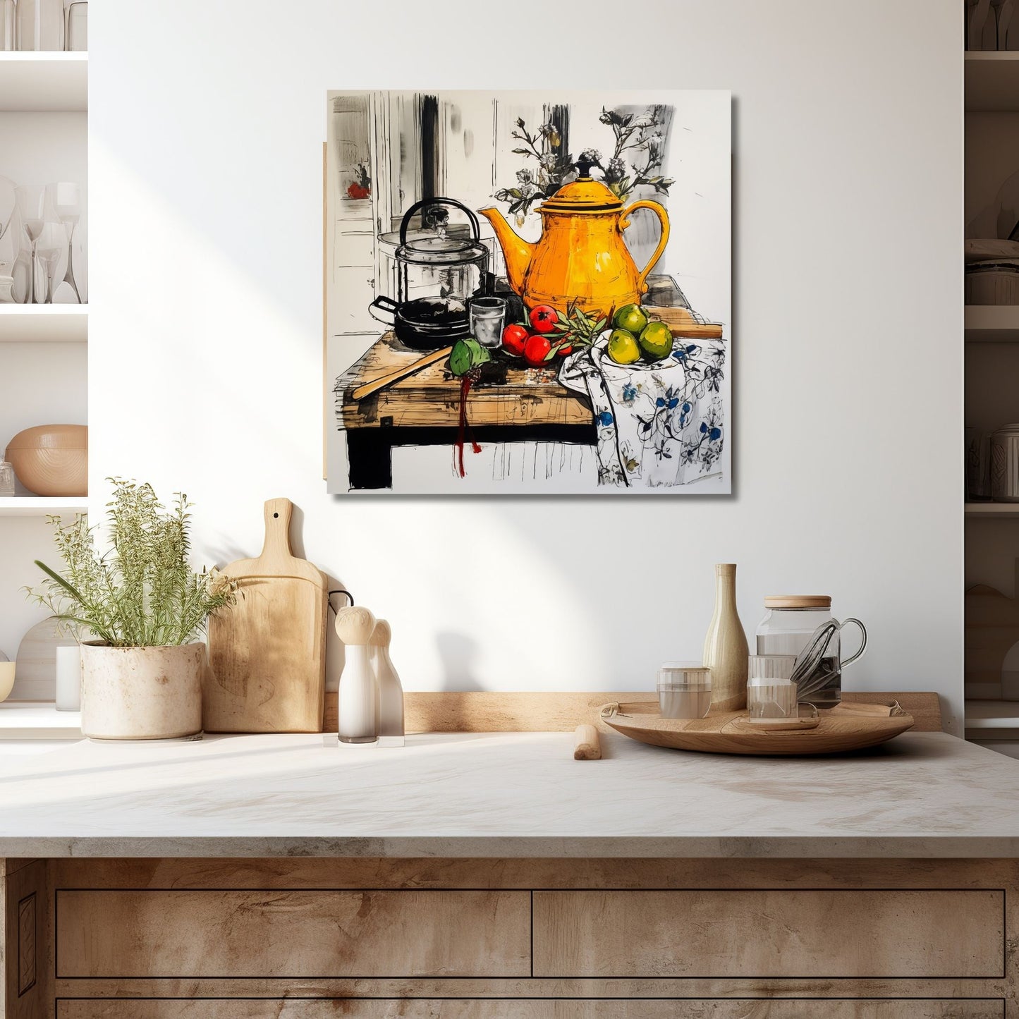 Håndtegnet grafisk illustrasjon som viser et vakkert borddekor med en gledesfylt gul tekanne, friske frukter og en fortryllende vase med blomster.  Illustrasjonen viser motivet på lerret som henger over en kjøkkenbenk.